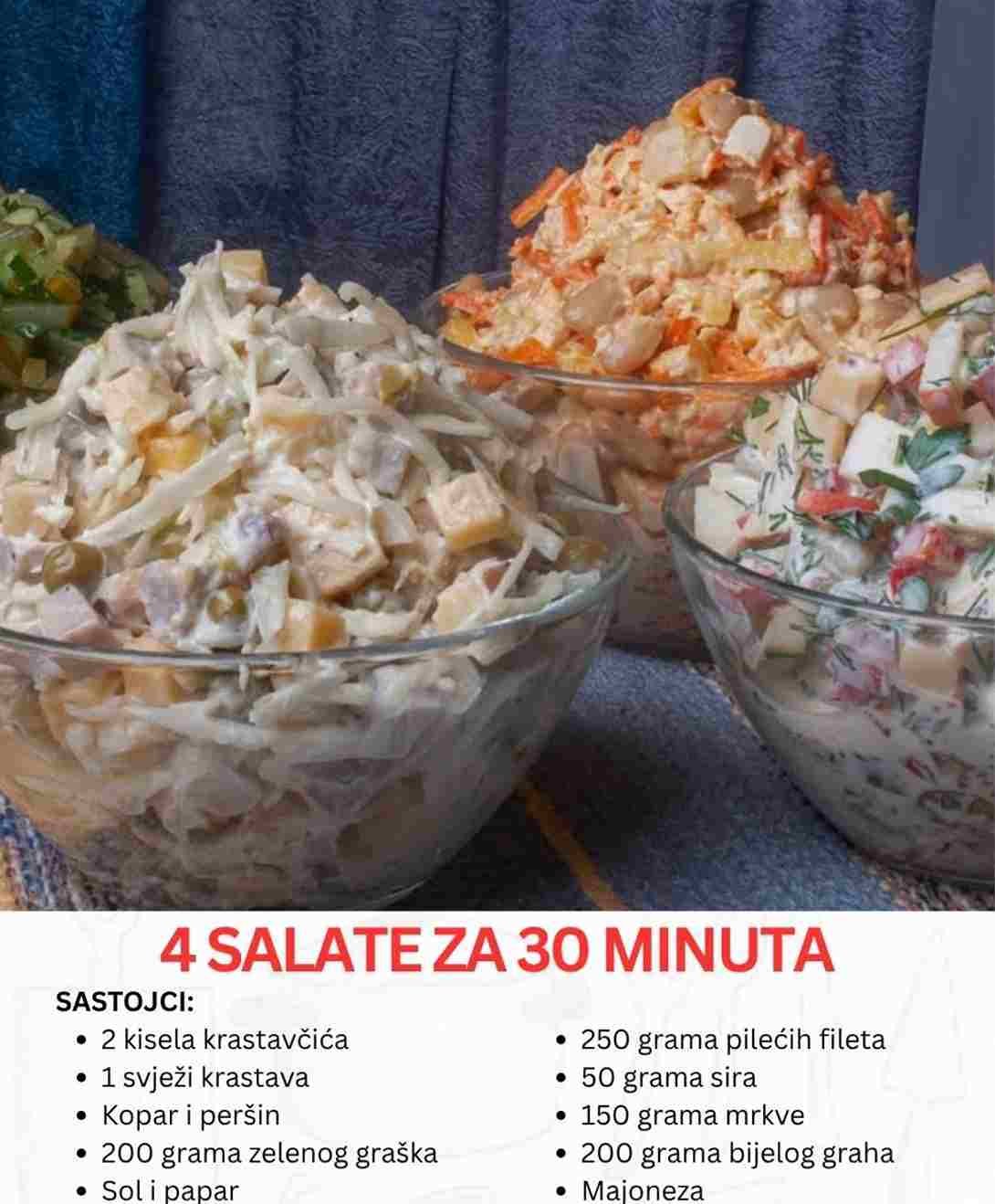 Praznični stolovi gotovo uvijek sadrže nekoliko vrsta salata koje svojim okusima i raznolikim sastojcima oduševljavaju goste. Bilo da je riječ o proslavi Nove godine, Božiću ili nekoj drugoj svečanoj prilici, salate su nezaobilazan dio trpeze. Uz jednostavne, ali ukusne sastojke, moguće je napraviti salate koje će zasigurno zadovoljiti sve ukuse. Ako tražite brze i ukusne recepte koji će vas uštedjeti vremena, a istovremeno donijeti sočne i svježe okuse na vaš stol, ovi četiri recepta salata spremna za samo 30 minuta bit će idealan izbor. Svaka salata donosi poseban okus, bilo da ste ljubitelj povrća, mesa, ili kombinacije oba. Recept 1: Svježa salata s krastavcima i zelenim graškom Ova salata je savršen izbor za ljubitelje laganih i osvježavajućih kombinacija, a njena priprema je brzinska. U svega nekoliko minuta možete pripremiti salatu koja će biti idealna kao prilog uz bilo koji obrok ili kao samostalan obrok za one koji žele nešto lagano. Sastojci: 2 kisela krastavčića – narežite na trakice 1 svježi krastavac – narežite na ploške Kopar i peršin – nasjeckajte 200 grama zelenog graška – možete koristiti smrznuti grašak Sol i papar – po ukusu Maslinovo ulje – za dresing Priprema: U velikoj zdjeli pomiješajte kiseli krastavčić i svježi krastavac. Dodajte zeleni grašak, prethodno odmrznut ako je bio zamrznut, te nasjeckane kopar i peršin. Za kraj, dodajte sol, papar i maslinovo ulje. Dobro promiješajte sve sastojke. Ova salata je nevjerojatno svježa i lagana, a ujedno i bogata vitaminima. Brzo je gotova, a donosi pravo osvježenje za vašu prazničnu trpezu. Recept 2: Pileća salata s povrćem i majonezom Ova salata, bogata pilećim mesom, povrćem i bijelim grahom, predstavlja nutritivno bogat obrok. S odličnim balansiranjem svježine povrća i kremaste teksture majoneze, ova salata će sigurno biti hit na svakom stolu. Sastojci: 250 grama pilećih fileta – skuhajte i narežite na kockice 50 grama sira – narežite na trakice 150 grama mrkve – naribajte 200 grama bijelog graha – iz konzerve, isperite Majoneza – po ukusu Priprema: Skuhajte pileća prsa i narežite ih na male kockice. Sirovi sir narežite na trakice i dodajte u zdjelu s pilećim mesom. Mrkvu naribajte i dodajte u smjesu zajedno s bijelim grahom. Dodajte majonezu po ukusu i dobro promiješajte. Ova salata je izuzetno kremasta i zasitna, savršena za svečane prigode jer je ukusna i hranjiva. Uz nju ćete sigurno imati dovoljno energije za cijeli dan. Recept 3: Svinjska salata s kupusom i graškom Ova salata sa svinjetinom i kupusom donosi savršen spoj okusa, gdje kisela svinjetina dolazi do izražaja u kombinaciji s zelenim graškom. Idealna je za one koji vole bogatije salate s mesom, ali ne žele provesti mnogo vremena u kuhinji. Sastojci: 100-150 grama kupusa – nasjeckajte 70 grama sira – narežite na kockice 250 grama kuhane svinjetine – narežite na kockice 100 grama zelenog graška Majoneza – po ukusu Priprema: Kupus nasjeckajte na sitno i stavite u veliku zdjelu. Dodajte kockice kuhanog sira i svinjetine. Dodajte zeleni grašak i sve dobro promiješajte. Na kraju, dodajte majonezu po želji i još jednom sve sjedinite. Ova salata donosi bogatstvo proteina i zadovoljava one koji žele jaču verziju salate, dok i dalje ostaje jednostavna za pripremu. Recept 4: Voćna salata s povrćem i majonezom Za ljubitelje slatkih salata s voćem, ovaj recept će biti pravi hit. Kombinacija jabuke, mandarine i paprike stvara neobičan, ali ukusan spoj okusa, dok majoneza i kiselo vrhnje dodaju kremastu teksturu. Sastojci: 70 grama sira – narežite na kockice 1/2 paprike – narežite na kockice 1 kiseli krastavac – narežite na ploške 1 jabuka – narežite na male komadiće 1 mandarina – prepolovite kriške 1 žlica majoneze 2 žlice kiselog vrhnja 1 žlica gorušice u zrnu Sol – po ukusu Kopar i peršin – nasjeckajte za dekoraciju Priprema: Sirovi sir narežite na kockice i stavite u zdjelu. Dodajte papriku, kiseli krastavac, jabuku i mandarinu. U posebnoj posudi, pomiješajte majonezu, kiselo vrhnje i gorušicu. Prelijte smjesu s dresingom i sve dobro promiješajte. Pospite s koprom i peršinom za završnu dekoraciju. Ova salata s voćem i povrćem je pravi osvježavajući obrok koji može poslužiti i kao prilog ili lagani desert. Sa svojim kiselkastim i slatkim notama, sigurno će osvojiti sve goste. Bilo da ste ljubitelj svježih salata s povrćem, kremastih salata s mesom ili slatkih voćnih salata, svaki od ovih recepata nudi brzu i jednostavnu pripremu bez žrtvovanja okusa. I što je najbolje, ne zahtijevaju puno vremena i savršeno se uklapaju u svaku prigodu, od blagdanskih obroka do svakodnevnih užitaka.