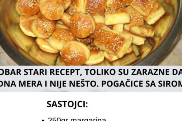 Pogačice sa sirom su prvi recept koji sam naučila napamet, nisam jedna od onih koja ih pamti. Puno recepata čitam, isprobavam i jednostavn ih ne pamtim. A zašto sam ga zapamtila tako brzo? Zato jer recept zvuči ovako: Koliko imate sira, toliko stavite brašna i maslaca. Ne može lakše jel tako? Ovo je bakin recept, stari, zaboravljen, a meni tako jako drag. Što zbog svoje jednostavnosti, što zbog toga jer pokazuje kako baš ta jednostavnost može biti lijepa, fina i efektna. SASTOJCI TESTO 250gr margarina 300gr svezeg sira 400gr brasna 2 kasicice soli I JOS 1 kom jaje za premazivanje susam za posipanje PRIPREMA Od svih sastojaka zamesiti glatko testo i ostaviti ga prenoci na hladnom(ili bar par sati ako vam se zuri).Sutradan testo premesiti, razvuci na 1cm debljine i preklopiti. Odmah testo ponovo razvuci na 1cm debljine i vaditi male pogacice. Slagati ih u tepsiju na papir za pecenje, premazati jajetom i posuti susamom. Peci na 200 C dok ne porumene. IZVOR:https://biljkazdravlja.com