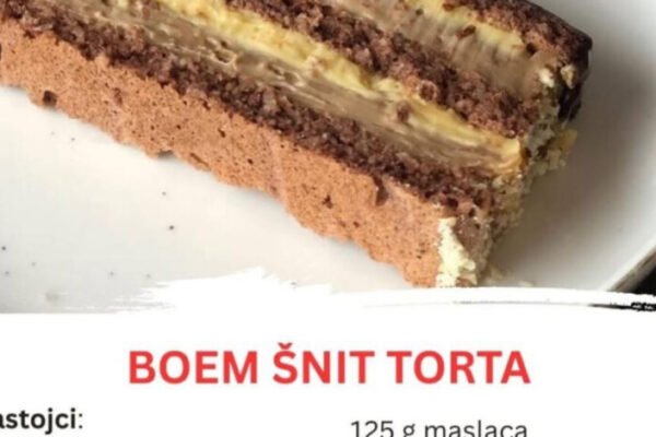 Recept: Sastojci za kremu: • 8 žumanjaka • 8 kašika šećera • 2 pune kašike brašna • 2 pune kašike gustina • 600 ml mlijeka • 125 g maslaca • 100 g mliječne čokolade • 100 g bijele čokolade ⸻ Priprema kreme: 1. U manjoj šerpi umutiti žumanjke, šećer, brašno i gustin. 2. Postepeno dodavati mlijeko dok ne dobijete glatku smjesu. 3. Kuvati na srednjoj vatri uz stalno miješanje dok se ne zgusne kao puding. 4. Skloniti sa vatre i podijeliti kremu na 2 dijela: • U jedan dio dodati mliječnu čokoladu, miješati dok se ne otopi. • U drugi dio dodati bijelu čokoladu i takođe miješati do otapanja. 5. Ostaviti da se ohladi. U ohlađene kreme dodati izmiksani maslac (podijeljen na dva dijela). ⸻ Kore (po želji – biskvitne, orašaste ili gotove): Ređati naizmjenično: kora – krema – kora – krema, završiti čokoladnim slojem. ⸻ Savjet: Za dodatnu boemsku čar – ukrasi tortu rendanom čokoladom ili ganache prelivom! 🍫💫
