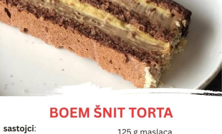 Recept: Sastojci za kremu: • 8 žumanjaka • 8 kašika šećera • 2 pune kašike brašna • 2 pune kašike gustina • 600 ml mlijeka • 125 g maslaca • 100 g mliječne čokolade • 100 g bijele čokolade ⸻ Priprema kreme: 1. U manjoj šerpi umutiti žumanjke, šećer, brašno i gustin. 2. Postepeno dodavati mlijeko dok ne dobijete glatku smjesu. 3. Kuvati na srednjoj vatri uz stalno miješanje dok se ne zgusne kao puding. 4. Skloniti sa vatre i podijeliti kremu na 2 dijela: • U jedan dio dodati mliječnu čokoladu, miješati dok se ne otopi. • U drugi dio dodati bijelu čokoladu i takođe miješati do otapanja. 5. Ostaviti da se ohladi. U ohlađene kreme dodati izmiksani maslac (podijeljen na dva dijela). ⸻ Kore (po želji – biskvitne, orašaste ili gotove): Ređati naizmjenično: kora – krema – kora – krema, završiti čokoladnim slojem. ⸻ Savjet: Za dodatnu boemsku čar – ukrasi tortu rendanom čokoladom ili ganache prelivom! 🍫💫