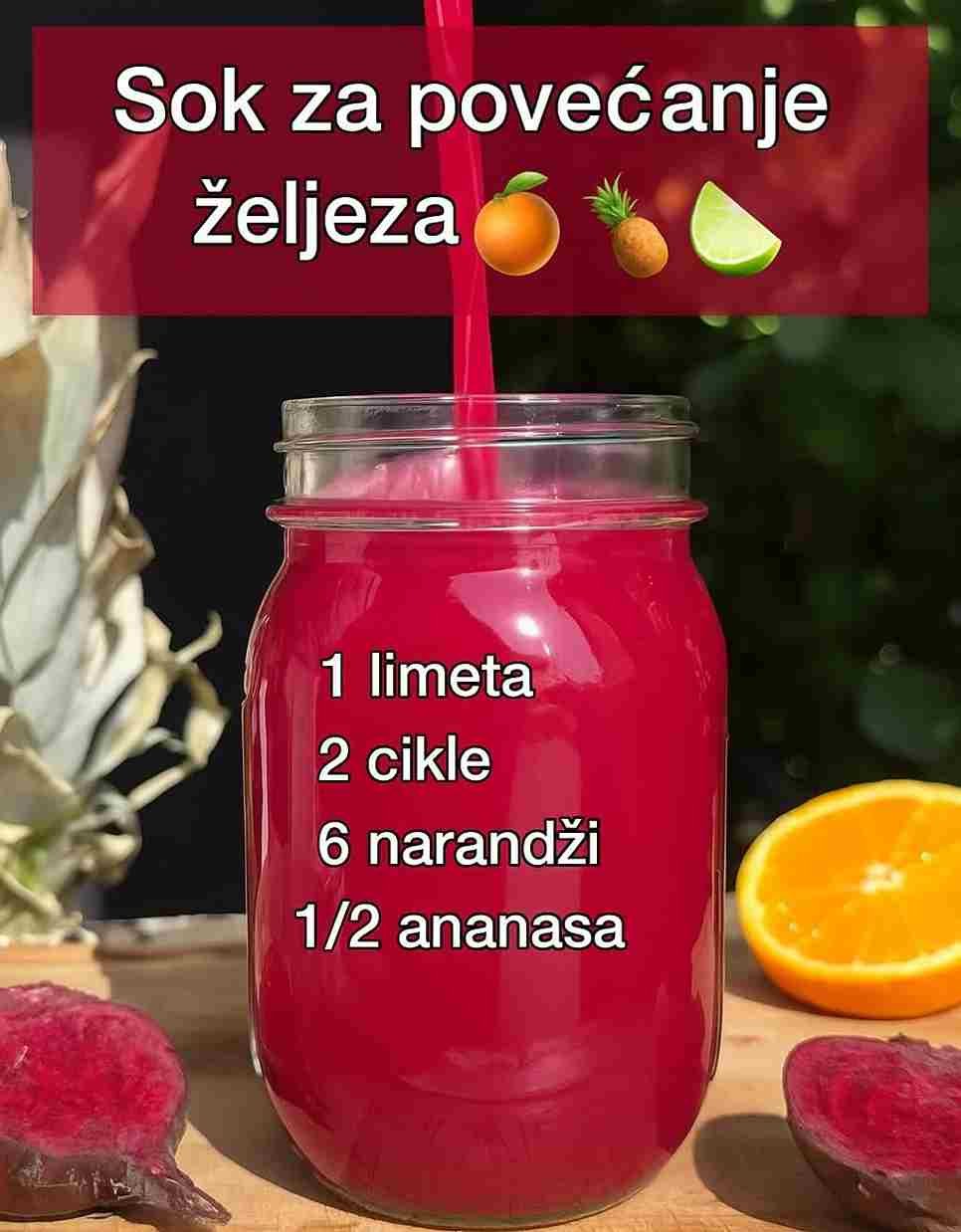 Sok od cikle često se opisuje kao napitak sa zemljastim okusom, i upravo zbog toga ga je mnogima teško piti! 🥴 Srećom, ananas, narandže i korijen đumbira skoro u potpunosti prikriju taj zemljasti ukus, a uz to dodaju ogromne količine vitamina i antioksidanata ⚡️ 🥤 Sastojci za ovaj sok: 2 srednje cikle 2 narandže 1/2 ananasa 1 korijen đumbira (3–4 cm) 1 limun (opcionalno, za svježinu) Ovaj recept pomaže boljoj apsorpciji željeza u tijelu, poboljšava varenje i jača imunitet! Također, odličan je i za zdravlje kože i kose 🍊✨ Recept daje više od 1 litra svježeg soka koji može trajati do 72 sata u frižideru ili do 30 dana u zamrzivaču! ❄️ 👉 Dodano: Sok od cikle je pravi prirodni eliksir – osim što podiže energiju, pomaže i boljem radu srca i krvnih sudova. 👉 Ako ga pijete redovno, primijetit ćete više energije tokom dana i ljepši ten.