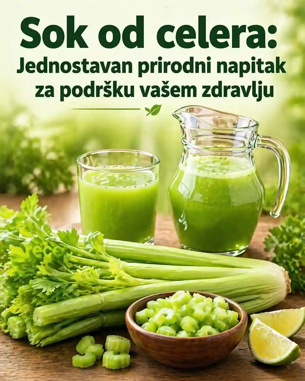 Pomaže u zaštiti ćelija od oštećenja Podržava imunološku funkciju 🛡️ 🍽️ 4. Pomaže probavi Sok od celera može: Podržati zdravlje crijeva Smanjiti nadutost Pomoći probavi zbog prirodnih vlakana 🧬 5. Podržava funkciju jetre Iako NE “čisti” organe trenutno (kao što neki tvrde), celer može: Podržati prirodne procese jetre Pomoći tijelu da održi ravnotežu ⚙️ Kako djeluje Celer sadrži: Vodu + elektrolite → održava tijelo hidriranim 💧 Antioksidanse → smanjuju upalu 🔥 Biljne spojeve (fitohemikalije) → podržavaju cjelokupne tjelesne funkcije 👉 Umjesto “trenutne detoksikacije”, on podržava prirodni sistemi vašeg tijela tokom vremena 🥤 Kako napraviti sok od celera kod kuće Sastojci: 4–5 svježih stabljika celera 🥬 Opcionalno: sok od limuna 🍋 Koraci: Temeljito operite celer Izmiksajte ga ili iscijedite Procijedite po potrebi Pijte svježe (najbolje ujutro) ⚠️ Važna napomena Sok od celera nije lijek za bolesti Najbolje ga je koristiti kao dio uravnotežene prehrane Osobe s problemima s bubrezima ili koje uzimaju lijekove trebaju se konsultovati s ljekarom